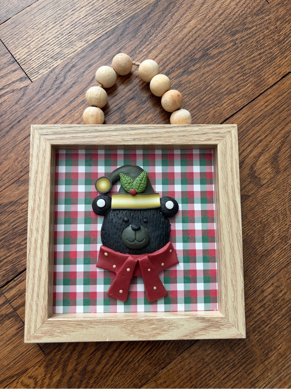 Handmade Christmas Hanging Sign Holiday Decor Winter Bear Plaid